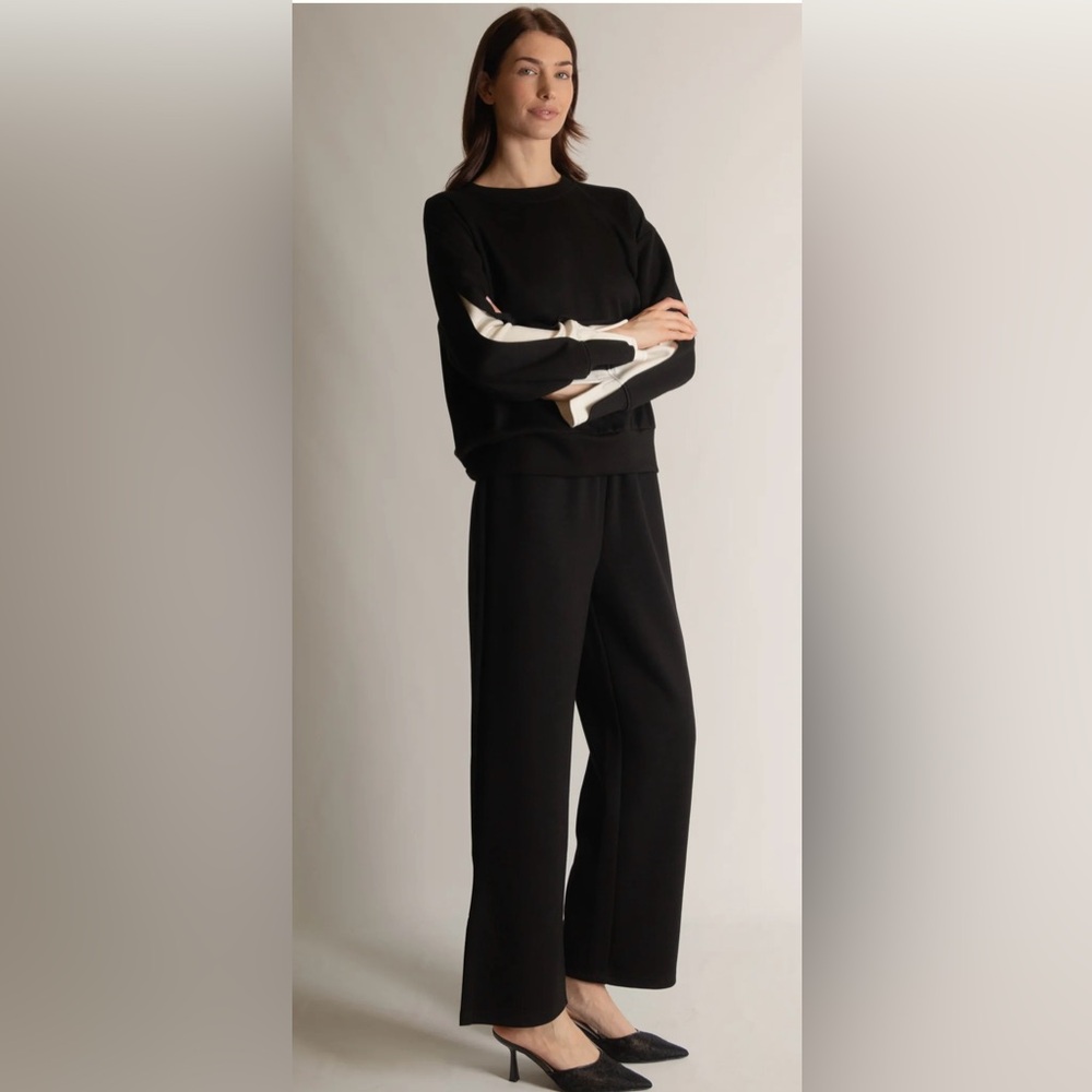 P.CILL‎ Blake Wide Leg Pants with Bottom Slits Butter Modal Black Size Small